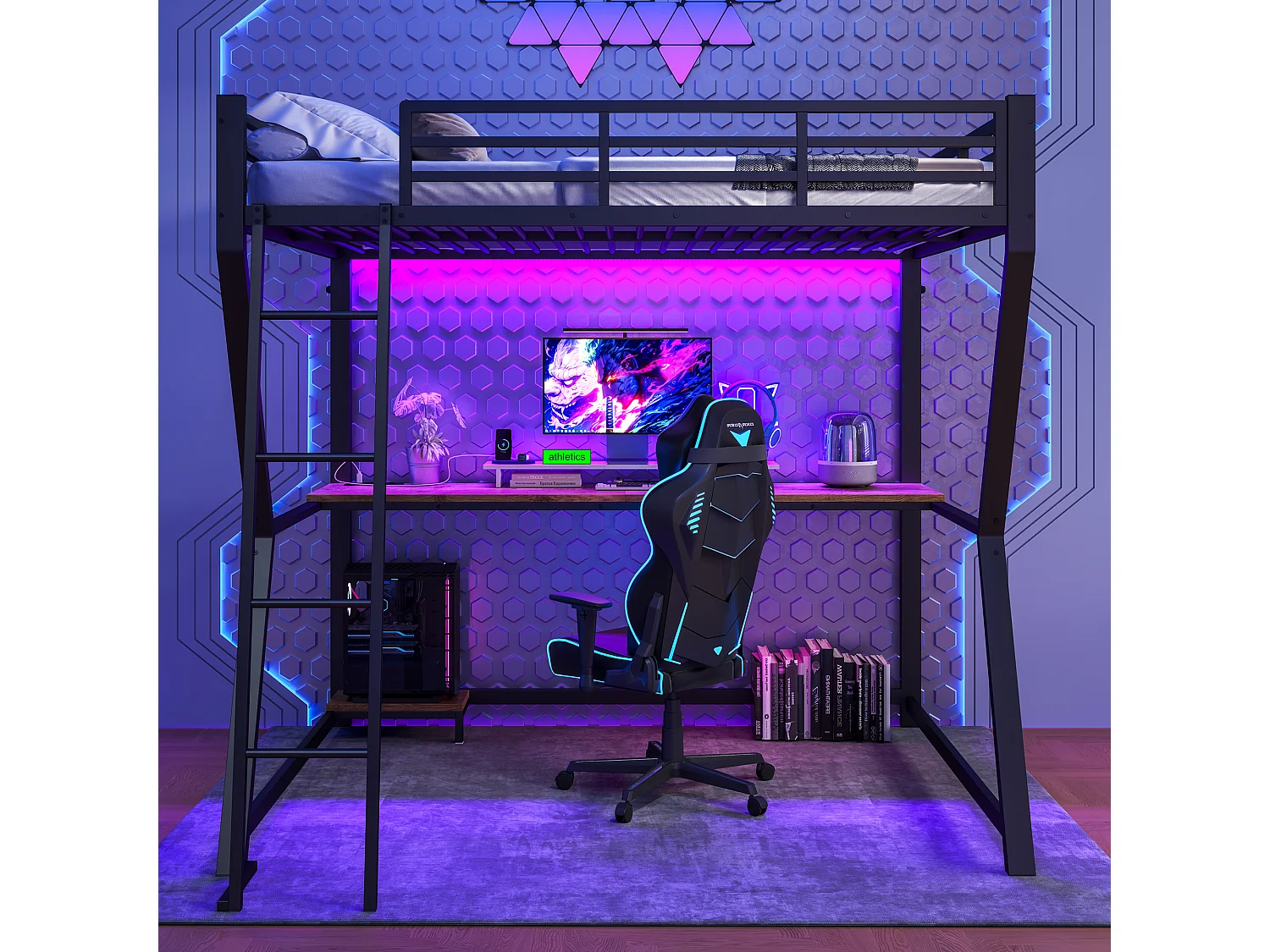 Lit mezzanine enfant - 140 x 200 cm - avec Leds + étagère + bureau + USB - Métal - noir