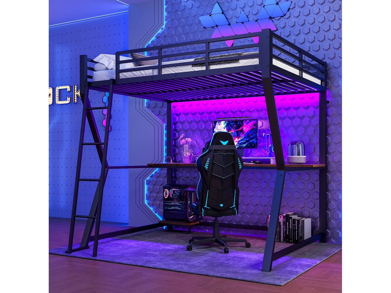 Lit mezzanine enfant - 140 x 200 cm - avec Leds + étagère + bureau + USB - Métal - noir