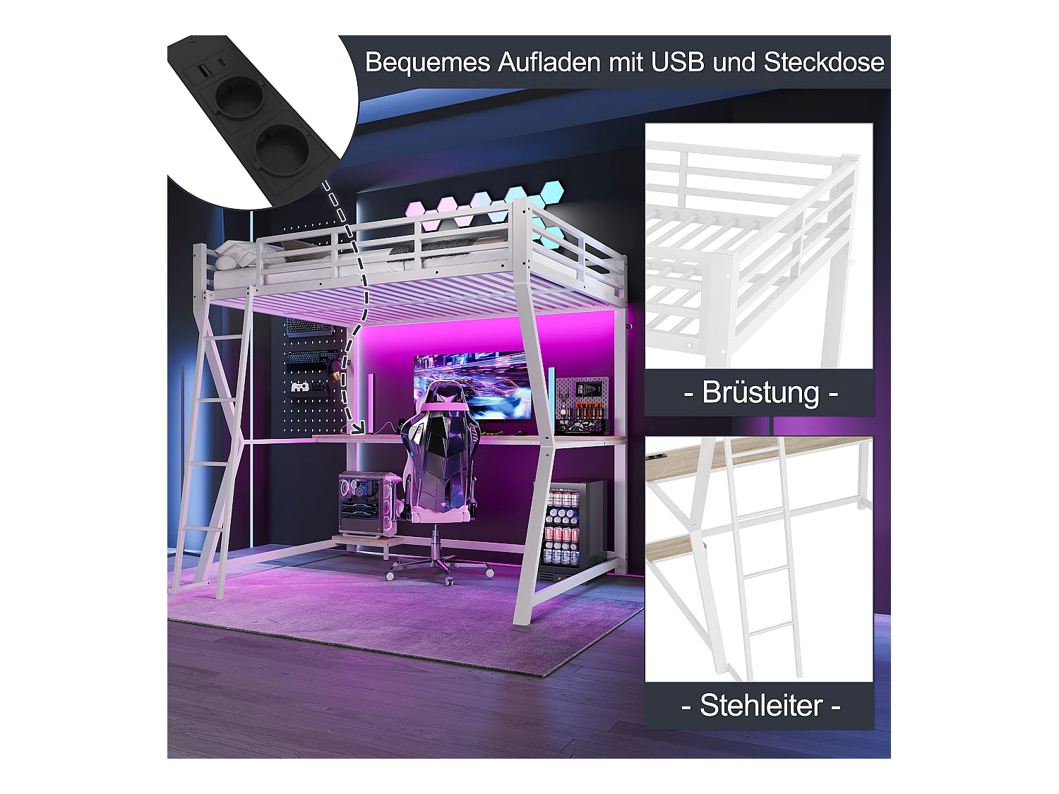 Lit mezzanine enfant - 140 x 200 cm - avec Leds + étagère + bureau + USB - Métal - blanc