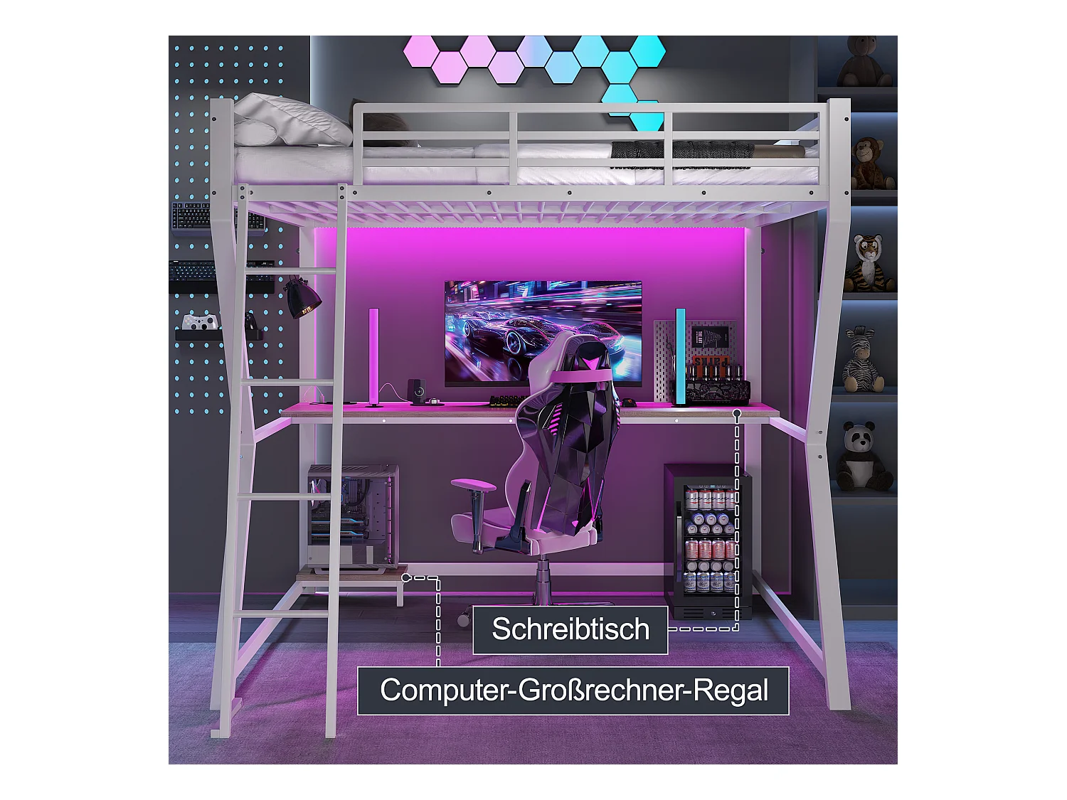 Lit mezzanine enfant - 140 x 200 cm - avec Leds + étagère + bureau + USB - Métal - blanc