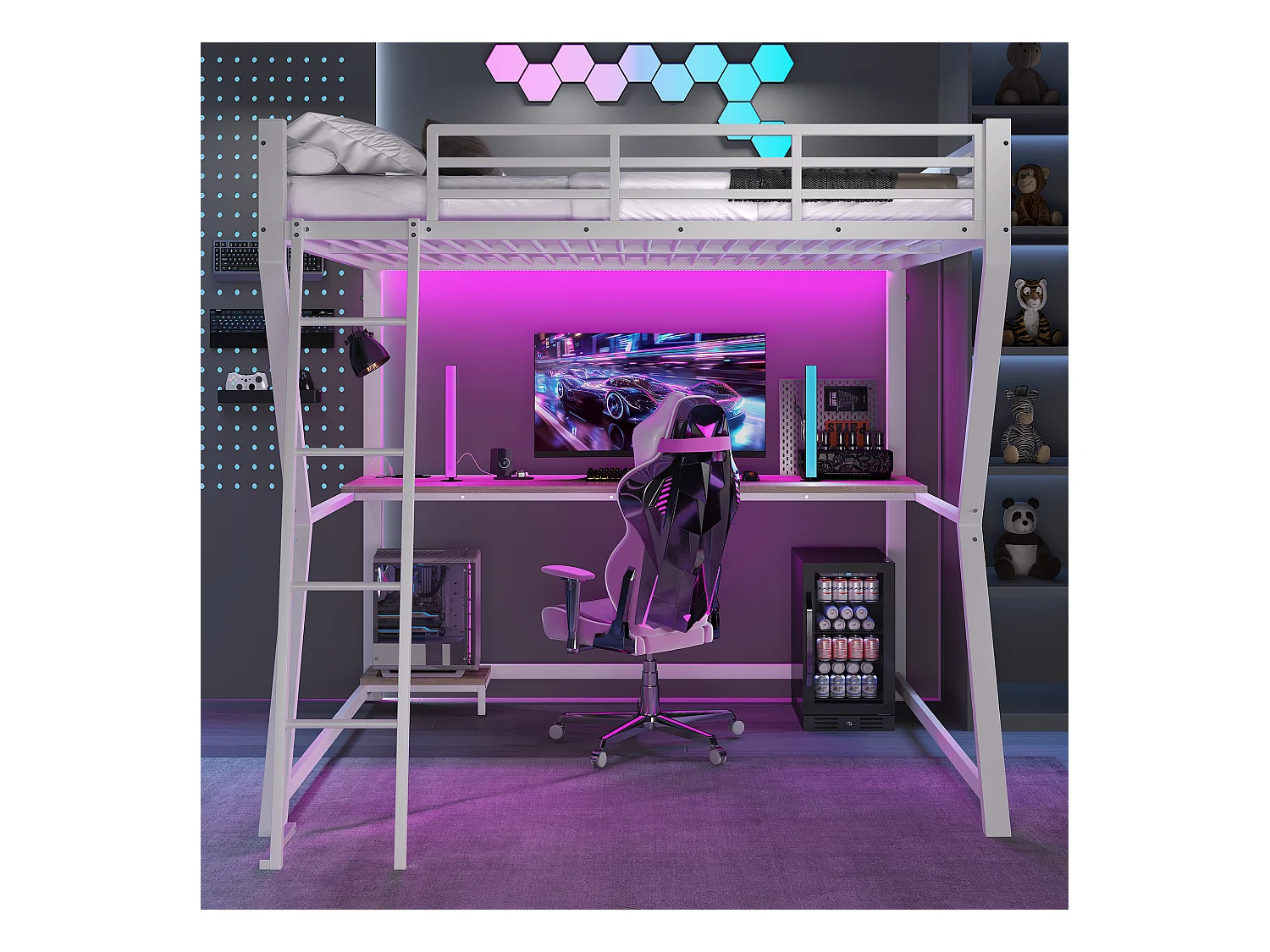 Lit mezzanine enfant - 140 x 200 cm - avec Leds + étagère + bureau + USB - Métal - blanc