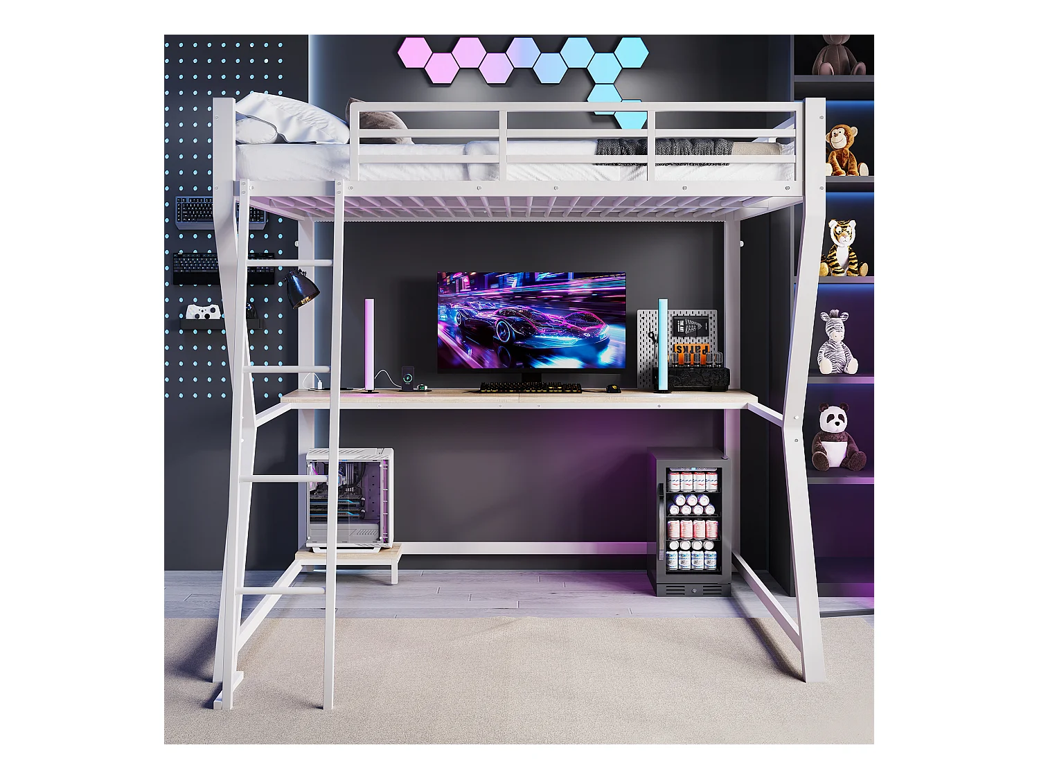 Lit mezzanine enfant - 140 x 200 cm - avec Leds + étagère + bureau + USB - Métal - blanc