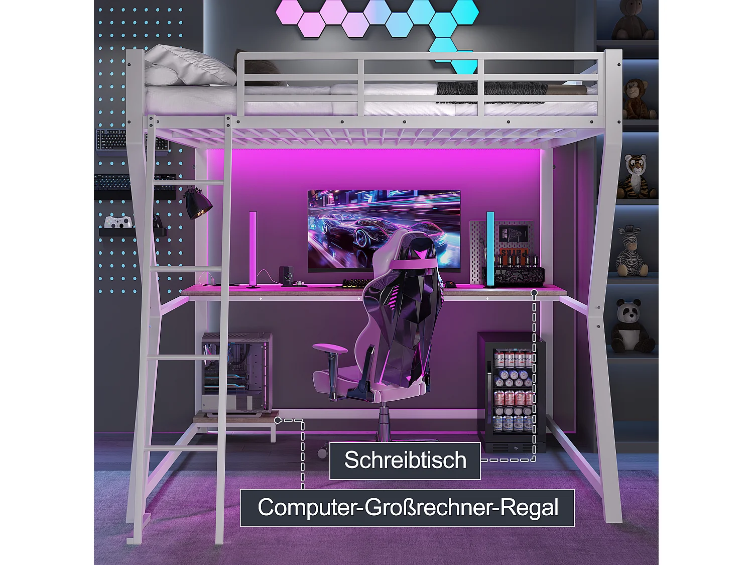 Lit mezzanine enfant - 140 x 200 cm - avec Leds + étagère + bureau + USB - Métal - blanc