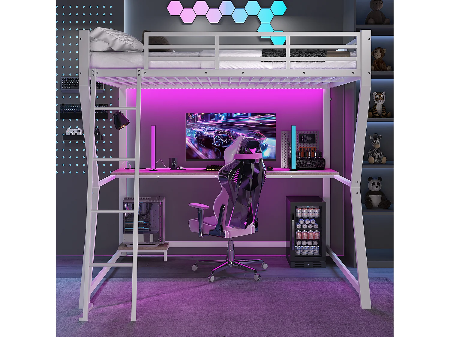 Lit mezzanine enfant - 140 x 200 cm - avec Leds + étagère + bureau + USB - Métal - blanc