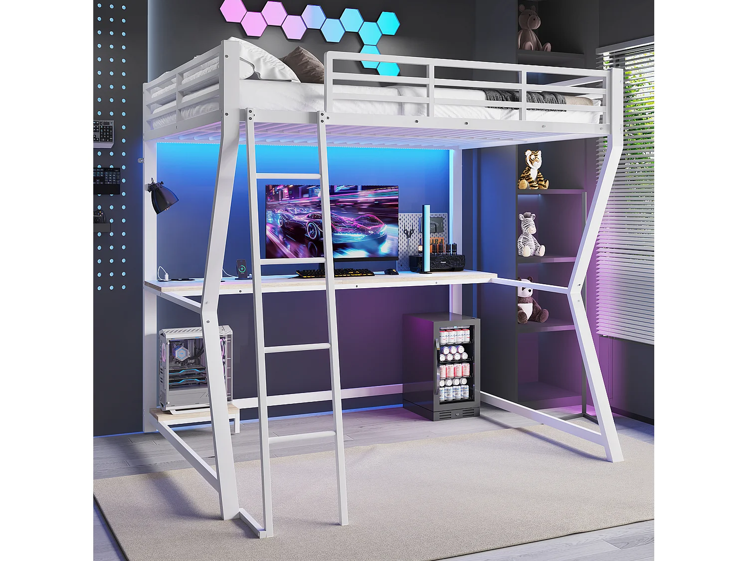 Lit mezzanine enfant - 140 x 200 cm - avec Leds + étagère + bureau + USB - Métal - blanc