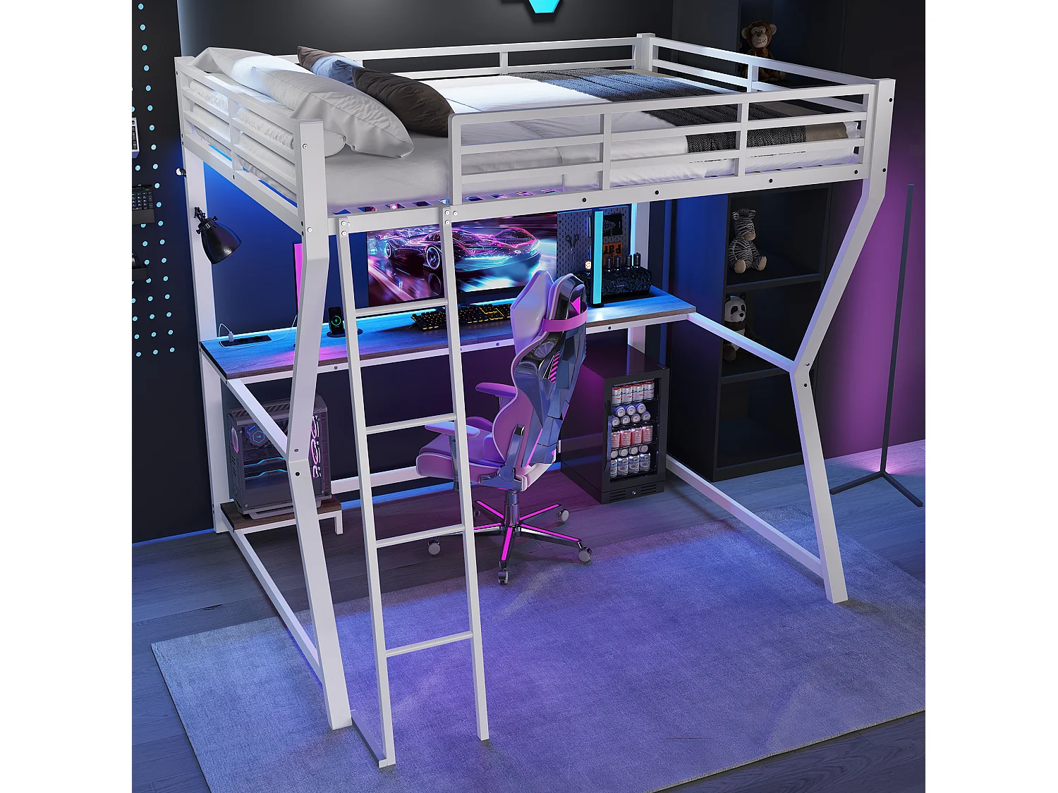 Lit mezzanine enfant - 140 x 200 cm - avec Leds + étagère + bureau + USB - Métal - blanc