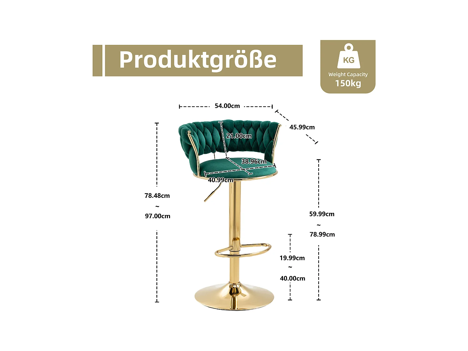 Lot de 2 tabourets de bar pivotants à 360°- 54 x 46 x 78/97 - réglable en hauteur avec dossier - velours - vert