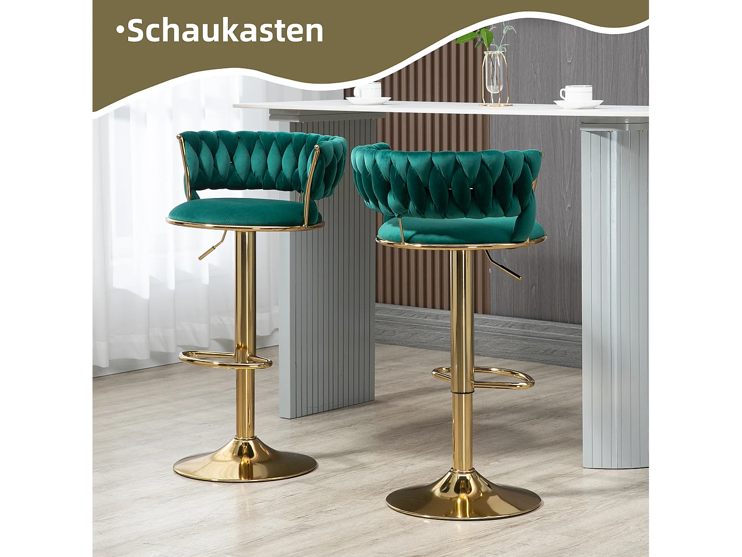 Lot de 2 tabourets de bar pivotants à 360°- 54 x 46 x 78/97 - réglable en hauteur avec dossier - velours - vert