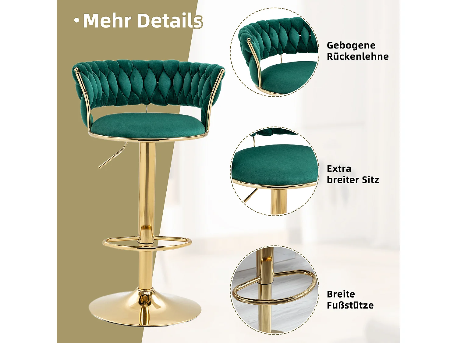 Lot de 2 tabourets de bar pivotants à 360°- 54 x 46 x 78/97 - réglable en hauteur avec dossier - velours - vert