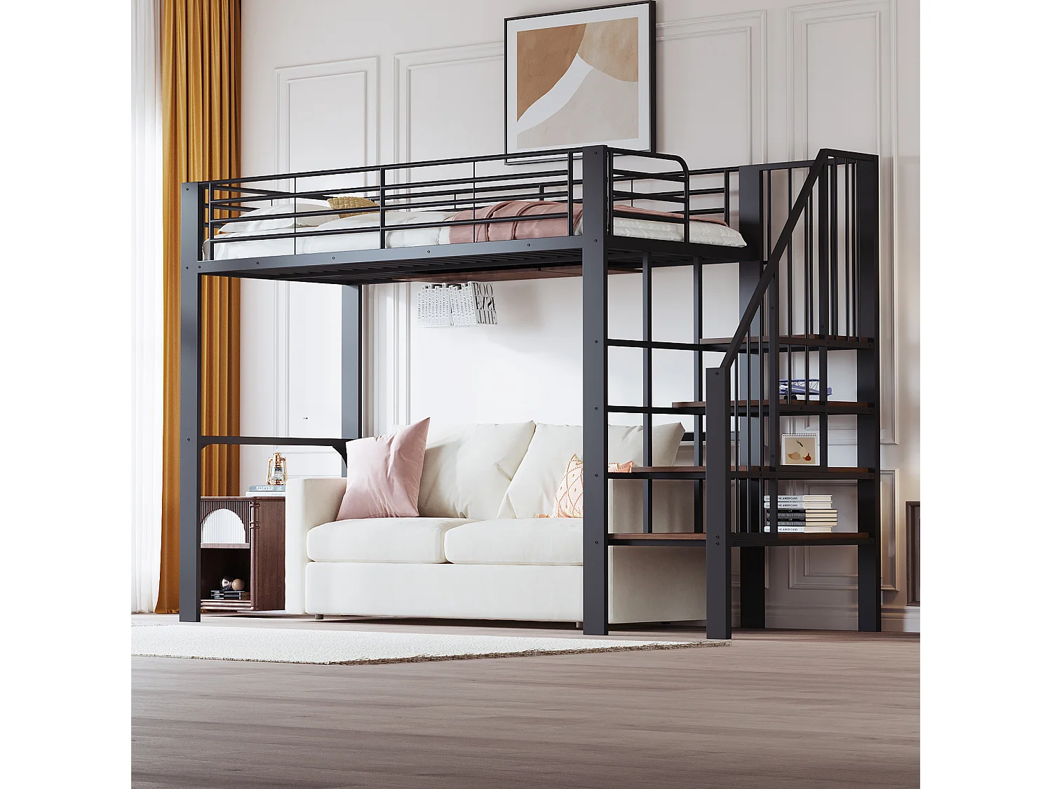 Kinderhochbett - 90 x 200 - stabile Metallkonstruktion mit Stauraum - Holz + Metall - schwarz