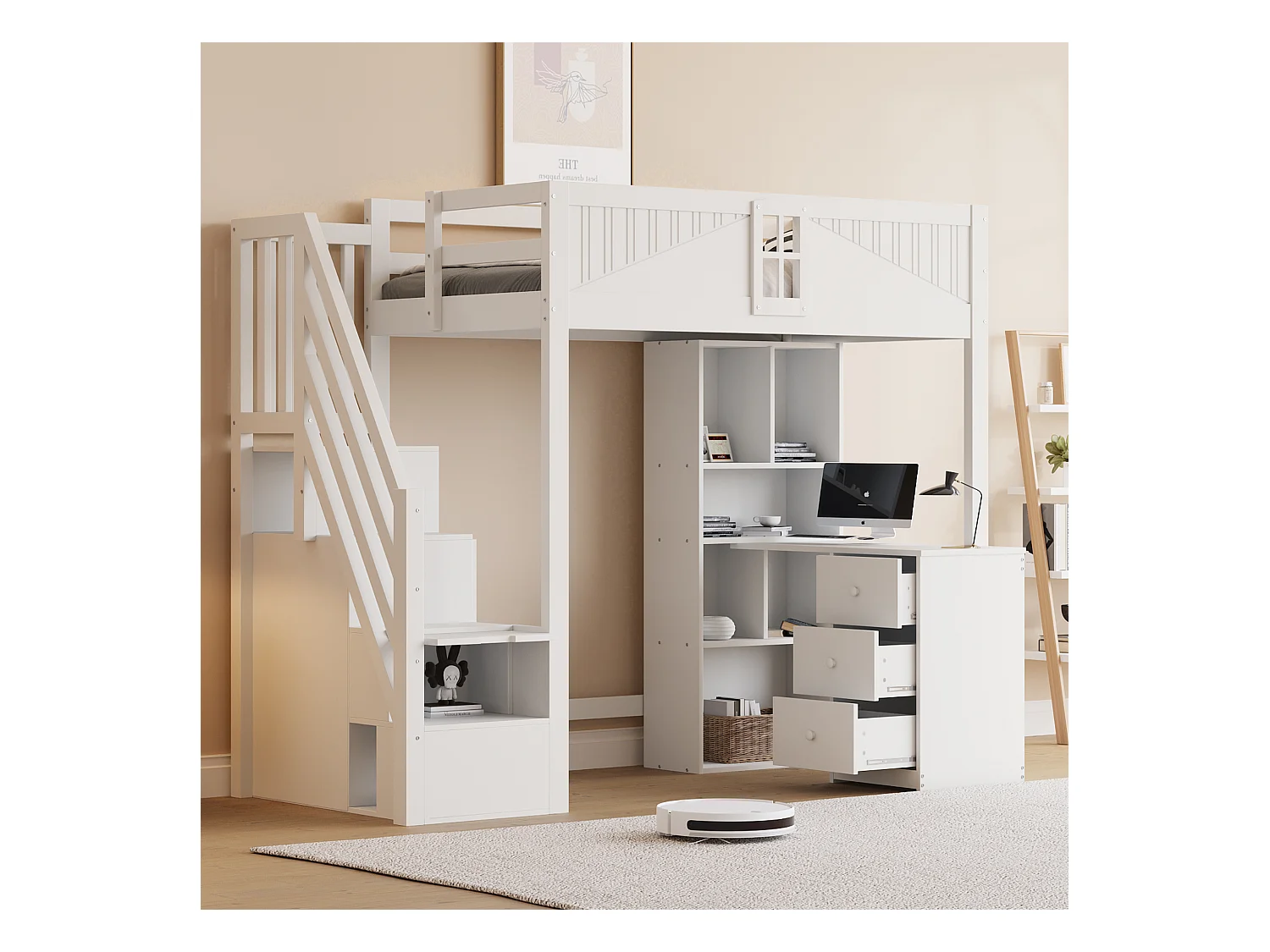 Lit mezzanine enfant - 90 x 200 cm - avec fenêtre + armoire + bureau et 3 tiroirs - bois + MDF - blanc