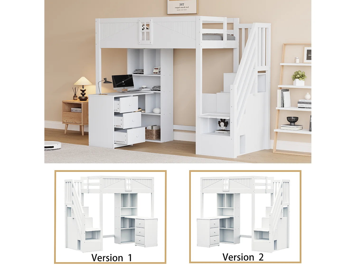 Lit mezzanine enfant - 90 x 200 cm - avec fenêtre + armoire + bureau et 3 tiroirs - bois + MDF - blanc