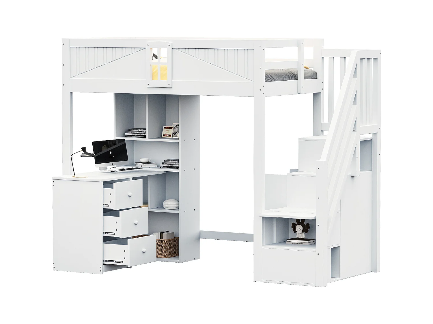Lit mezzanine enfant - 90 x 200 cm - avec fenêtre + armoire + bureau et 3 tiroirs - bois + MDF - blanc