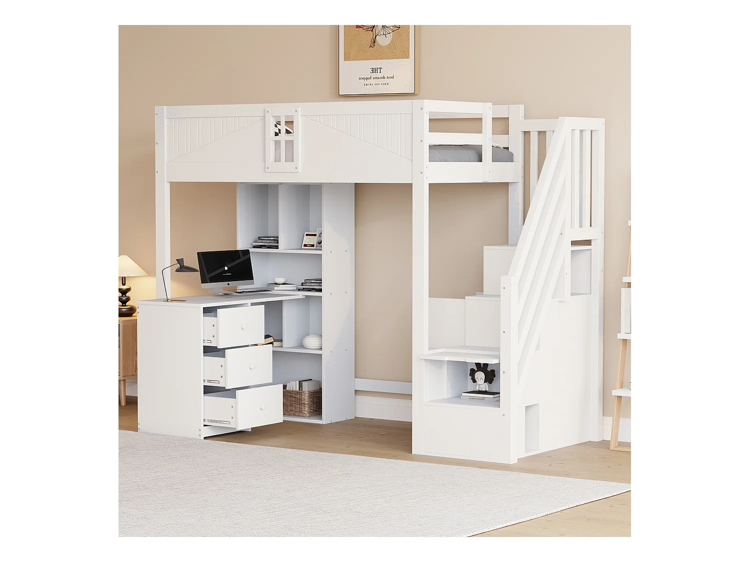 Lit mezzanine enfant - 90 x 200 cm - avec fenêtre + armoire + bureau et 3 tiroirs - bois + MDF - blanc