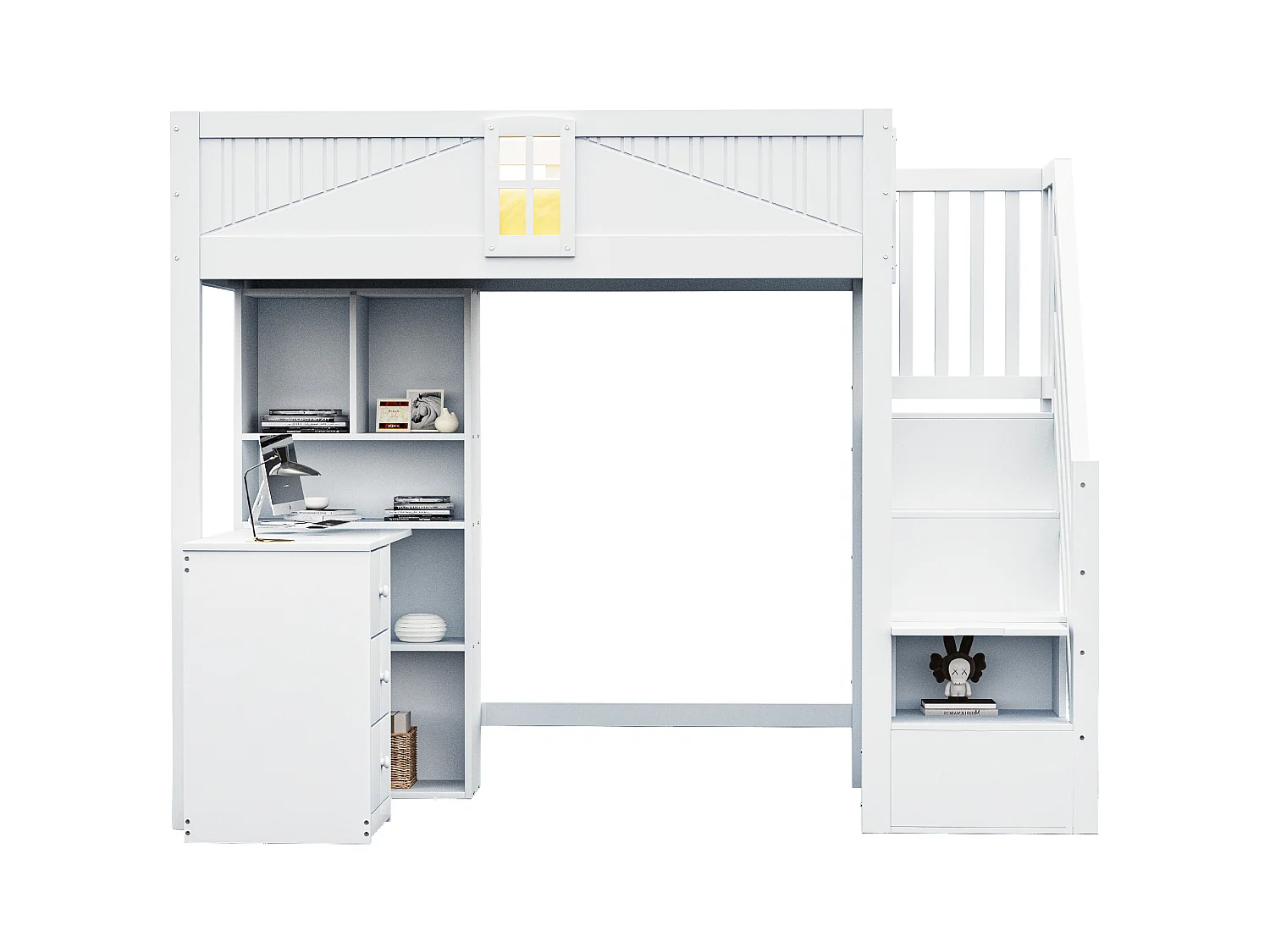 Lit mezzanine enfant - 90 x 200 cm - avec fenêtre + armoire + bureau et 3 tiroirs - bois + MDF - blanc