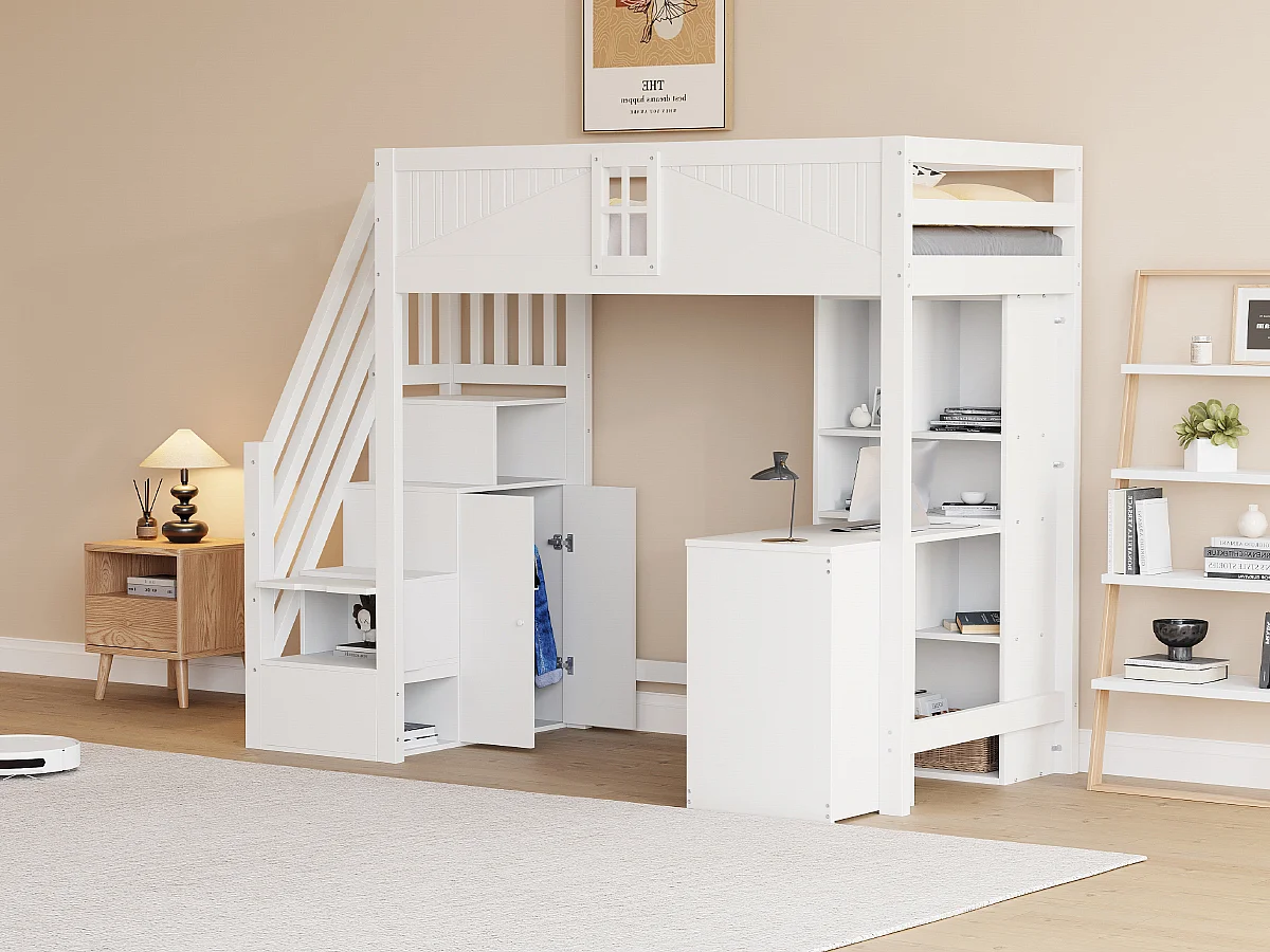Lit mezzanine enfant - 90 x 200 cm - avec fenêtre + armoire + bureau et 3 tiroirs - bois + MDF - blanc