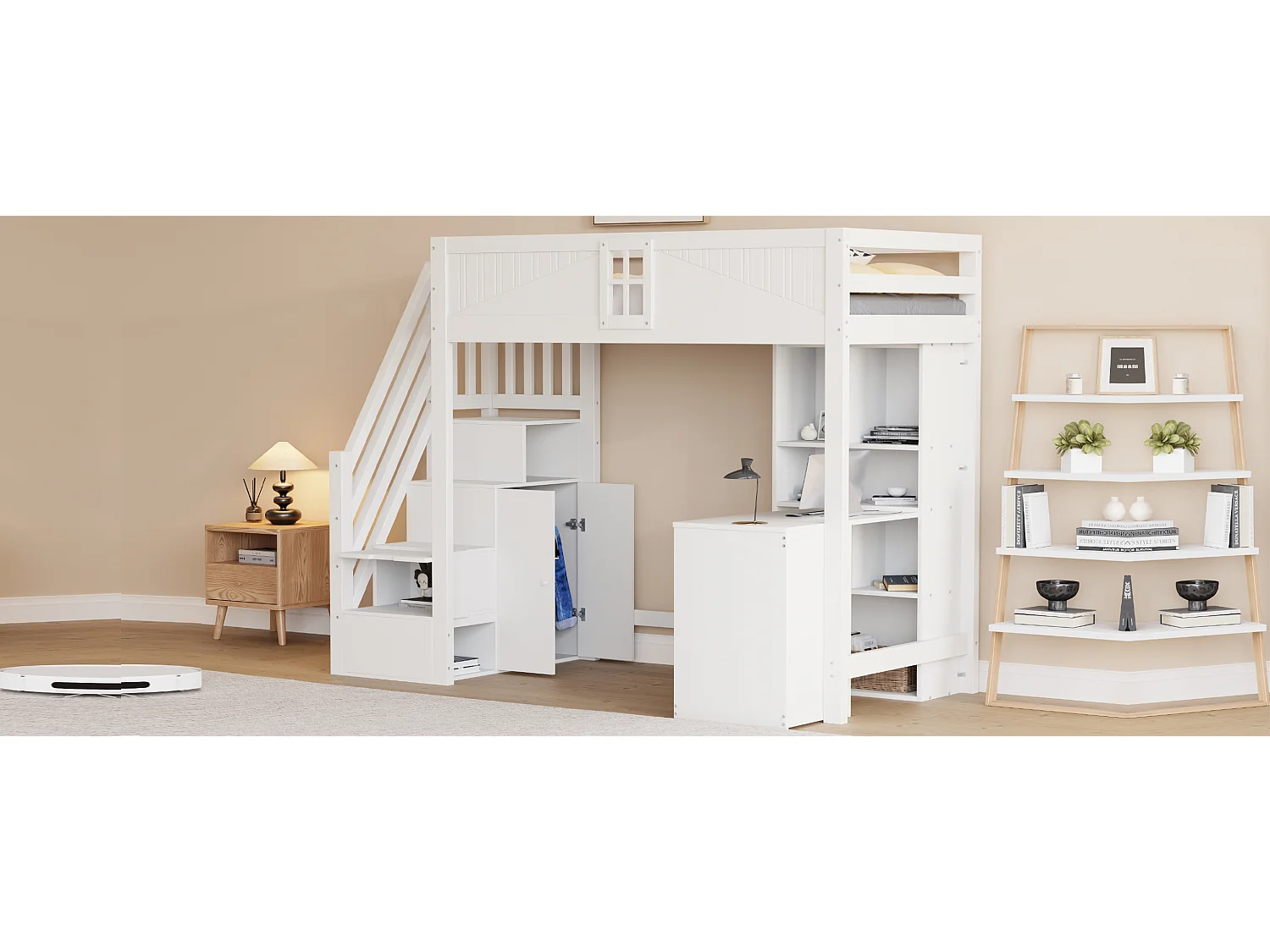 Lit mezzanine enfant - 90 x 200 cm - avec fenêtre + armoire + bureau et 3 tiroirs - bois + MDF - blanc