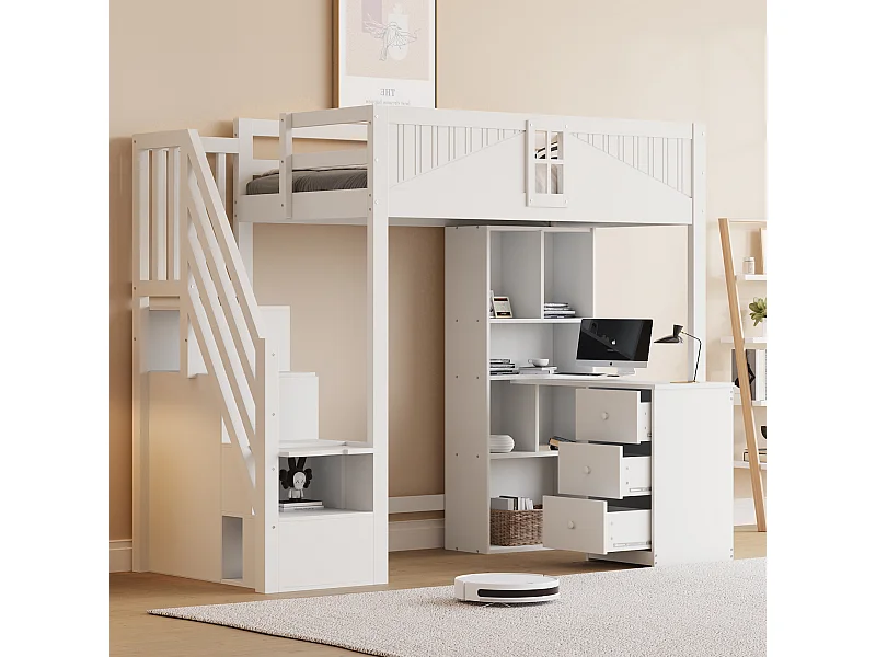 Kinderhoogslaper - 90 x 200 cm - met raam + kledingkast + bureau en 3 lades - hout + MDF - wit