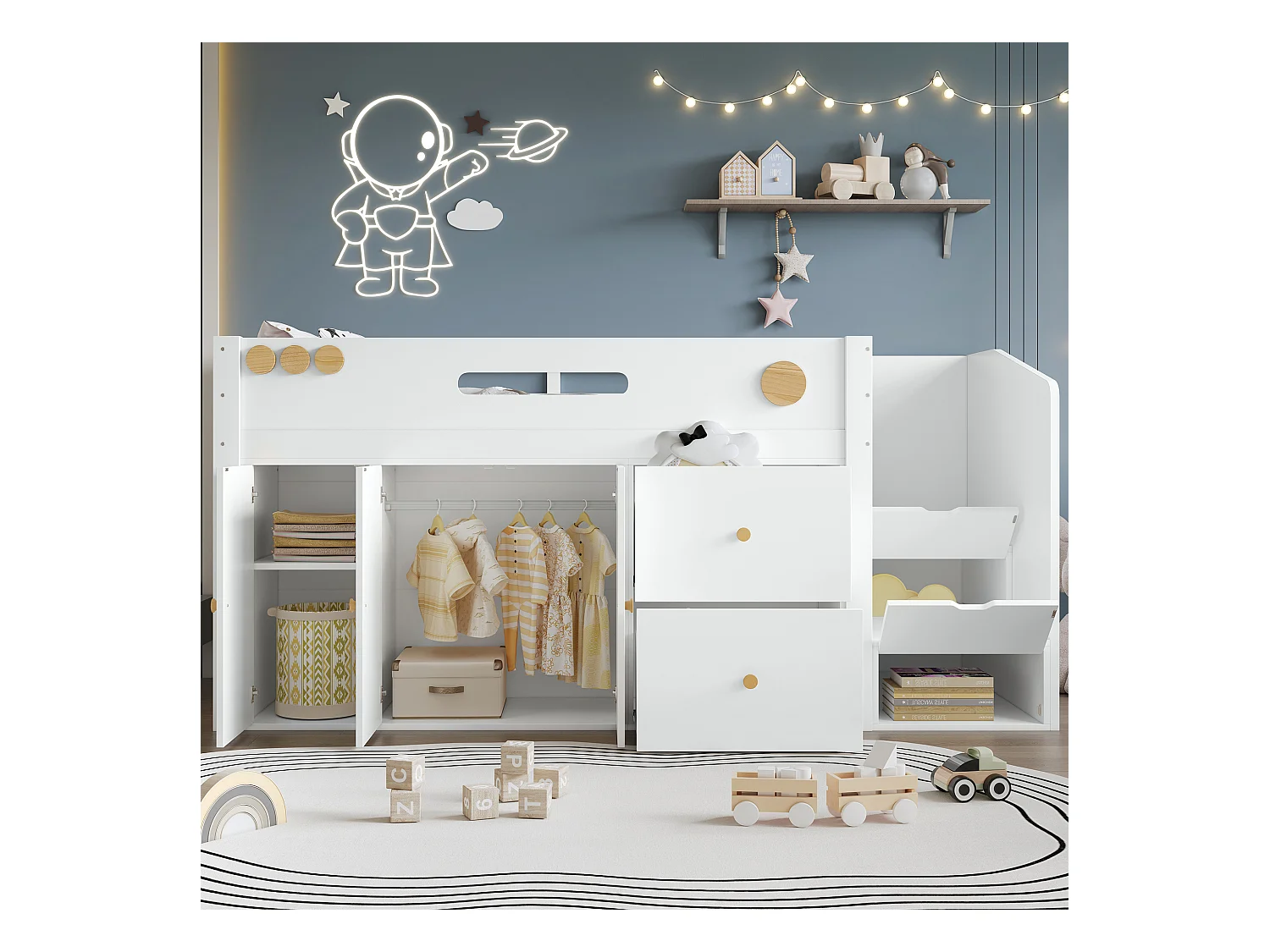 Lit mi-hauteur enfant - 90 x 200 cm - avec escalier rangement + 3 portes + 2 tiroirs + penderie - pin + MDF - blanc