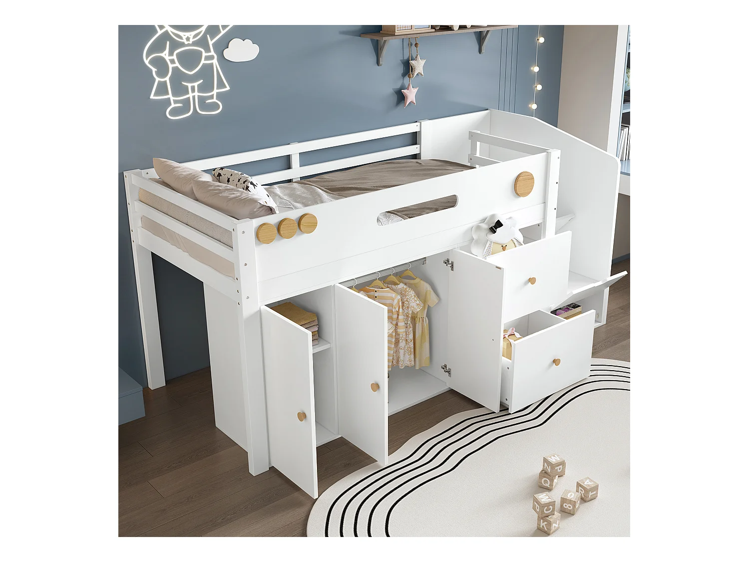 Lit mi-hauteur enfant - 90 x 200 cm - avec escalier rangement + 3 portes + 2 tiroirs + penderie - pin + MDF - blanc