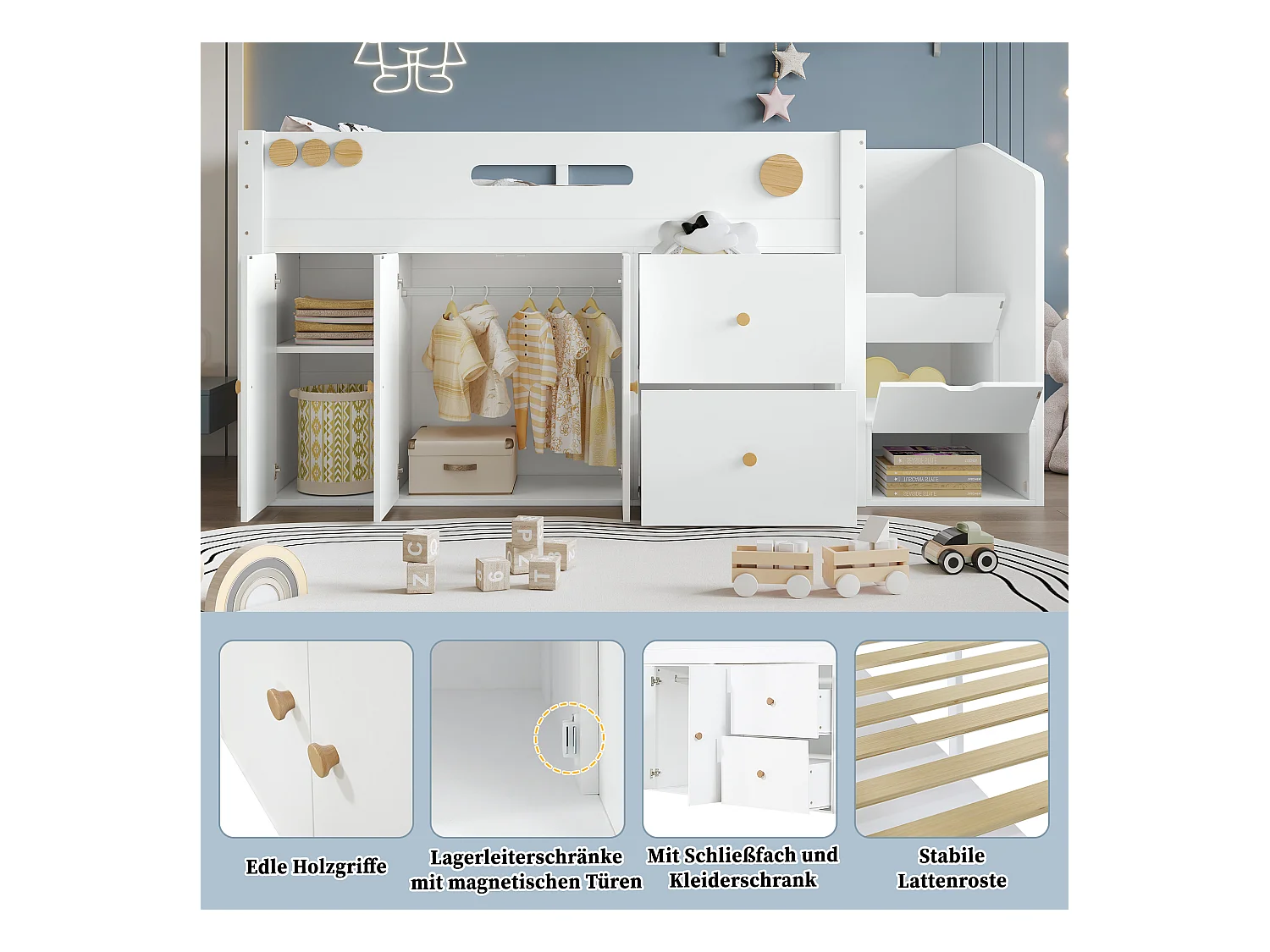 Lit mi-hauteur enfant - 90 x 200 cm - avec escalier rangement + 3 portes + 2 tiroirs + penderie - pin + MDF - blanc