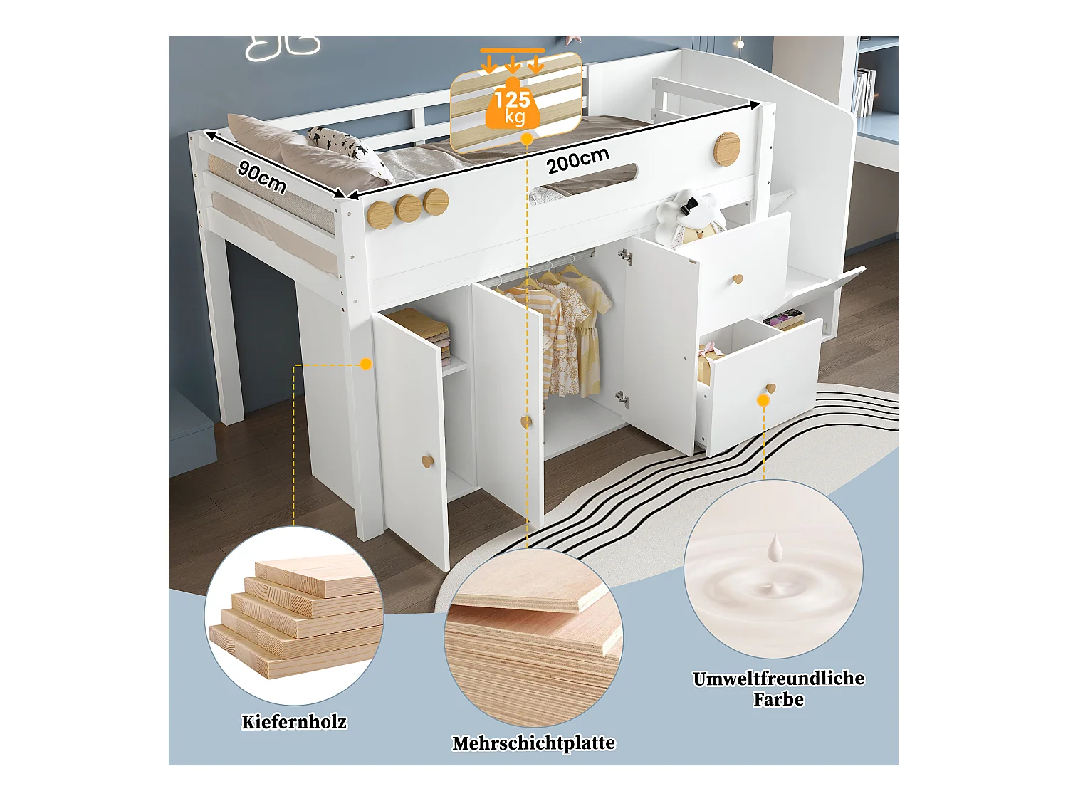 Lit mi-hauteur enfant - 90 x 200 cm - avec escalier rangement + 3 portes + 2 tiroirs + penderie - pin + MDF - blanc