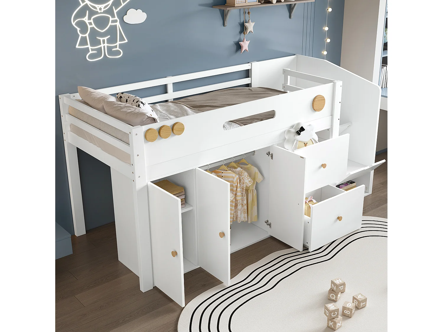 Kinder-Halbhochbett - 90 x 200 cm - mit Stauraumtreppe + 3 Türen + 2 Schubladen + Kleiderschrank - Kiefer + MDF - Weiß