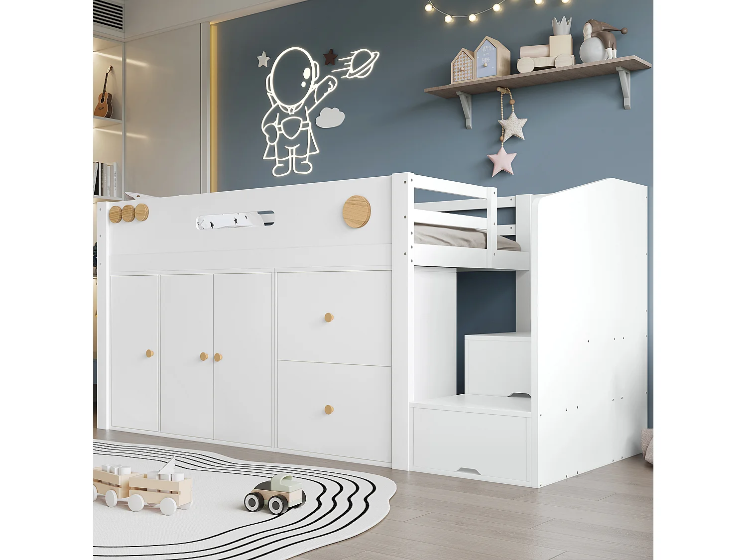 Kinder-Halbhochbett - 90 x 200 cm - mit Stauraumtreppe + 3 Türen + 2 Schubladen + Kleiderschrank - Kiefer + MDF - Weiß