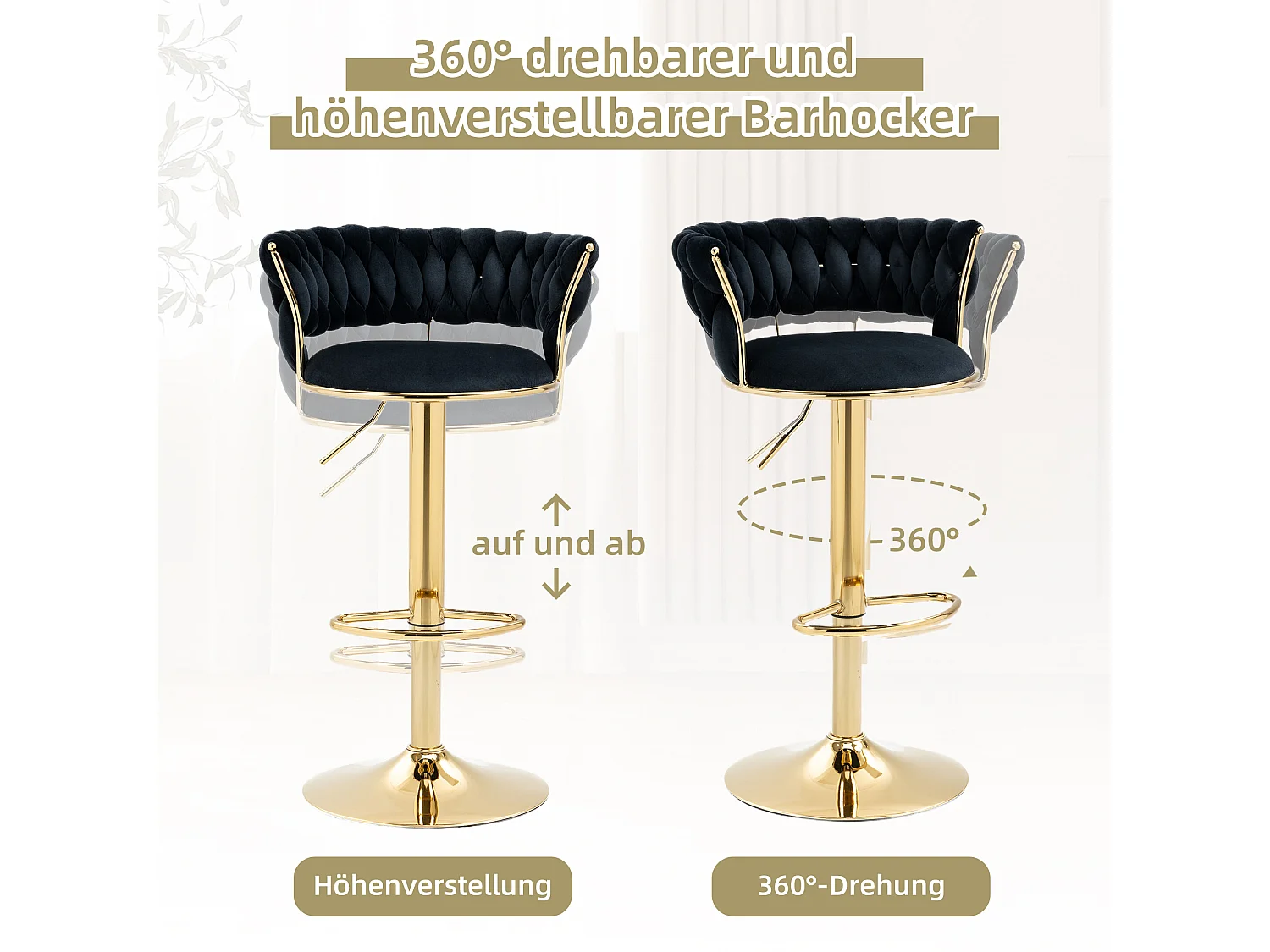 Lot de 2 tabourets de bar pivotants à 360°- 54 x 46 x 78/97 - réglable en hauteur avec dossier - velours - noir