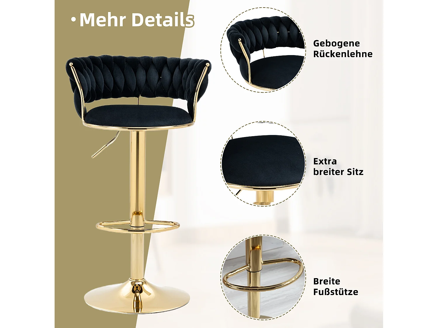 Lot de 2 tabourets de bar pivotants à 360°- 54 x 46 x 78/97 - réglable en hauteur avec dossier - velours - noir