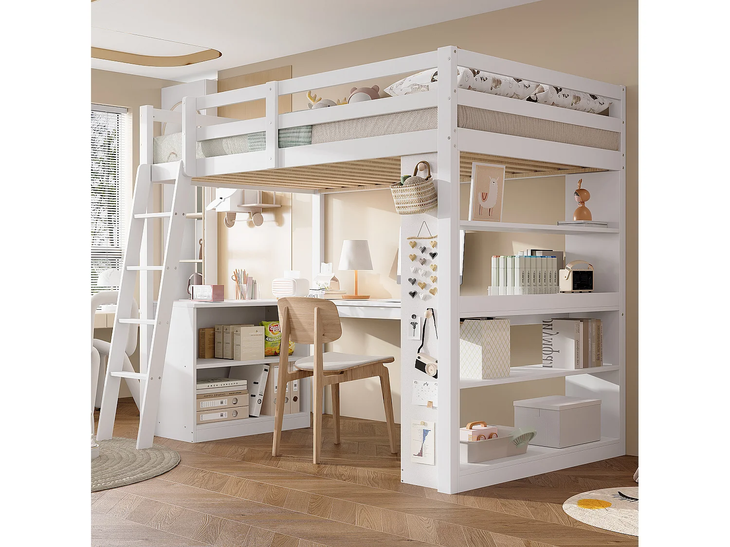 Lit mezzanine enfant - 90 x 200 cm - avec étagère de rangement + table - pin + aggloméré - blanc