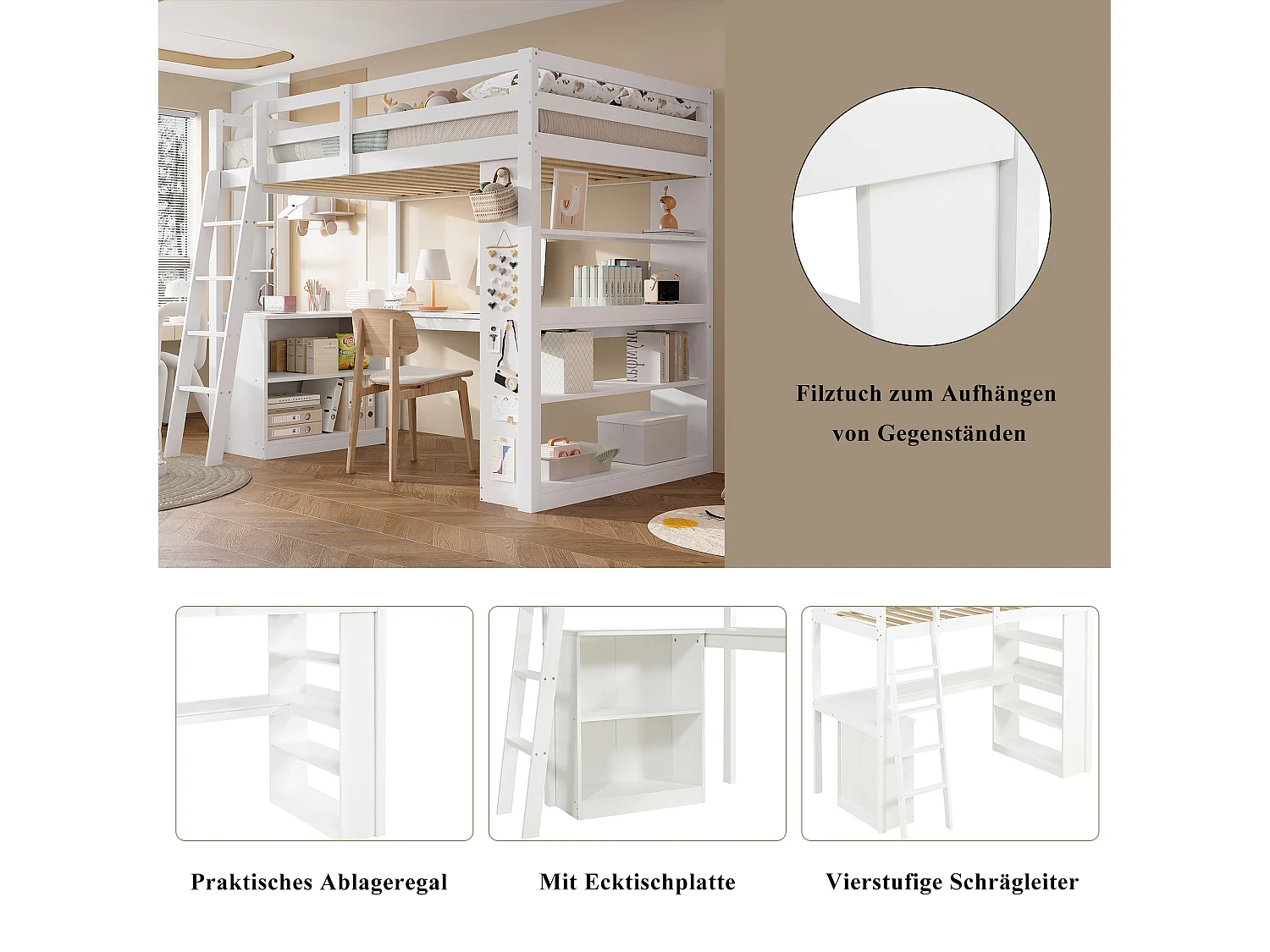 Lit mezzanine enfant - 90 x 200 cm - avec étagère de rangement + table - pin + aggloméré - blanc