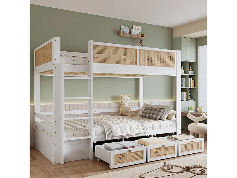 Litera infantil - 2 x 90 x 200 cm - con valla de ratán trenzado + 3 cajones - pino + MDF - blanco