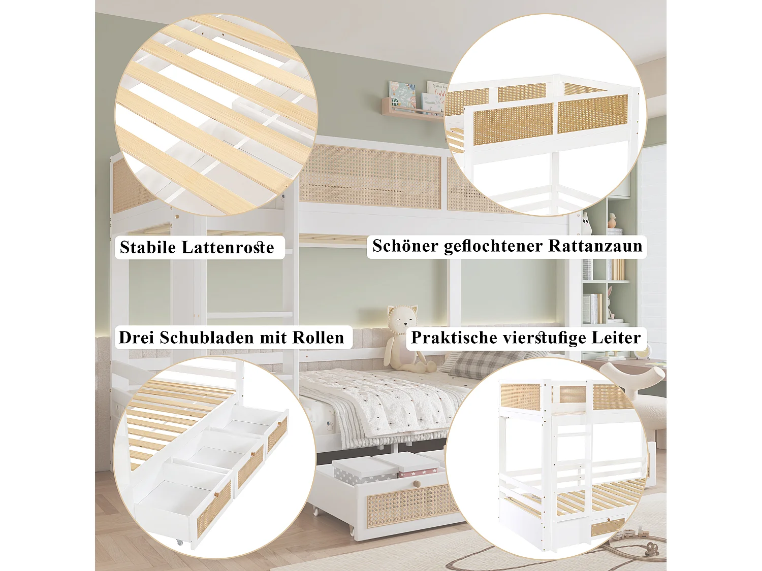 Letto a castello per bambini - 2 x 90 x 200 cm - con rete in rattan intrecciato + 3 cassetti - pino + MDF - bianco