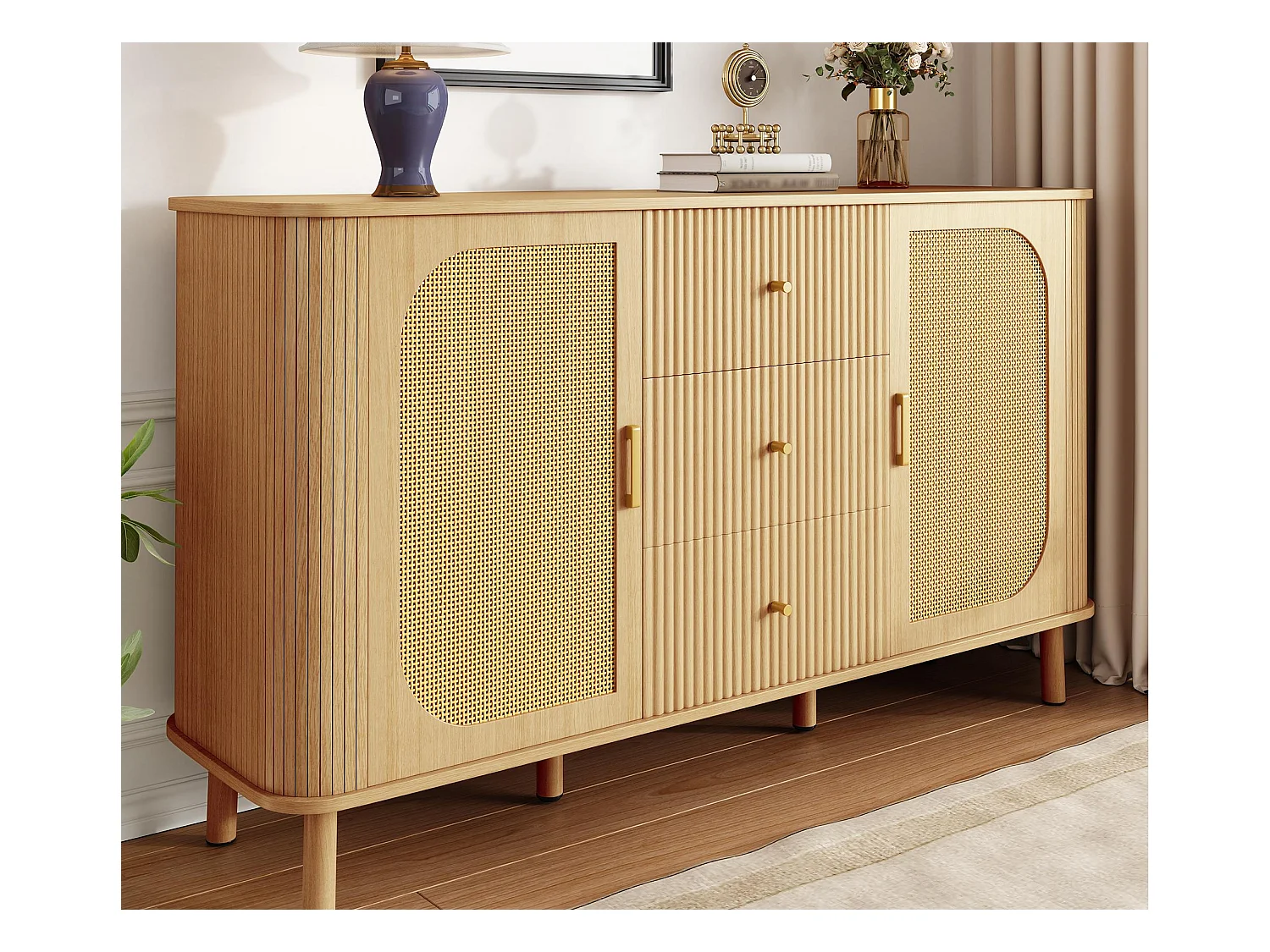 Buffet moderne 140x40x80 cm - avec 3 tiroirs et 2 portes - pieds en métal - naturel