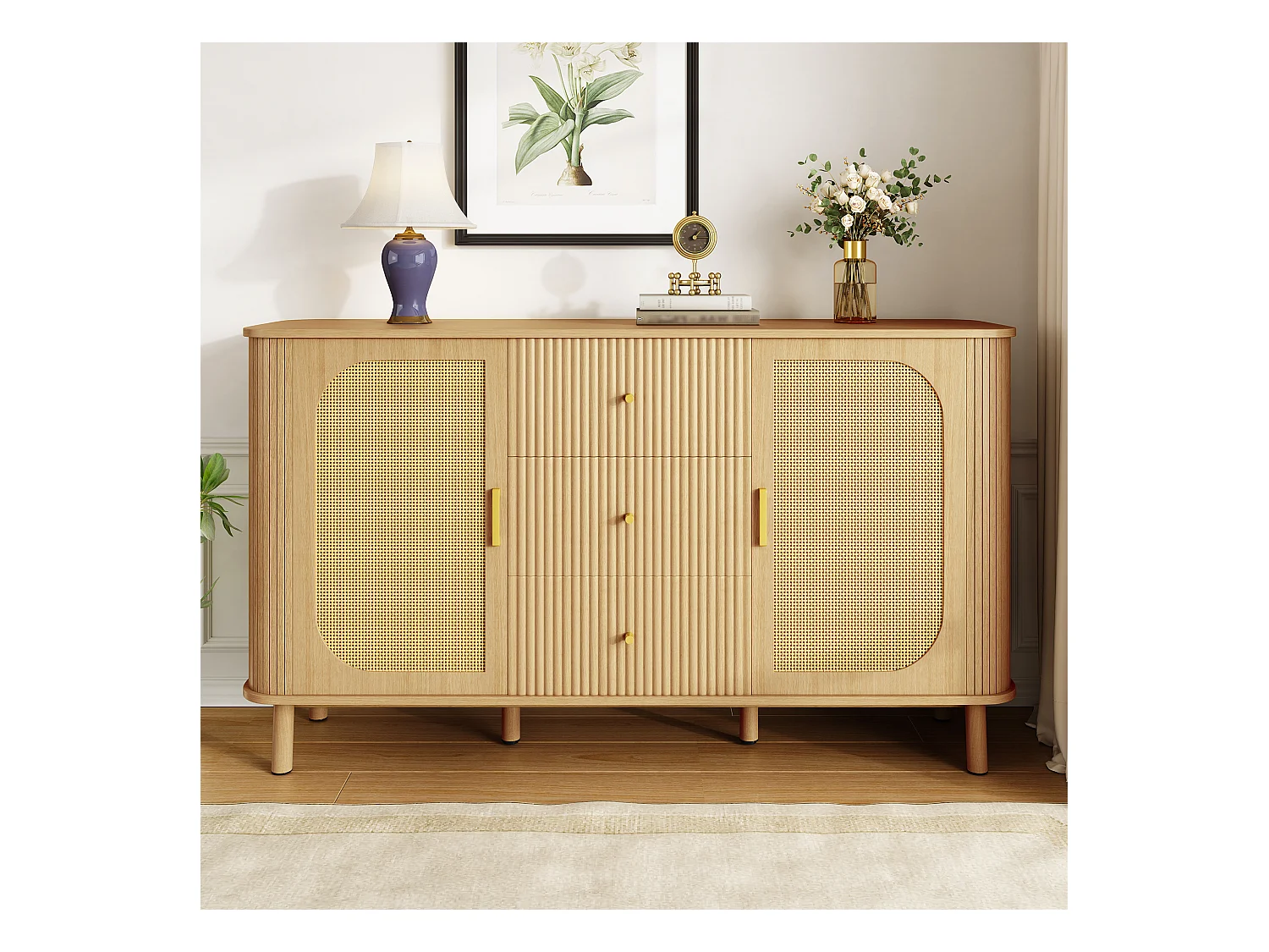 Buffet moderne 140x40x80 cm - avec 3 tiroirs et 2 portes - pieds en métal - naturel