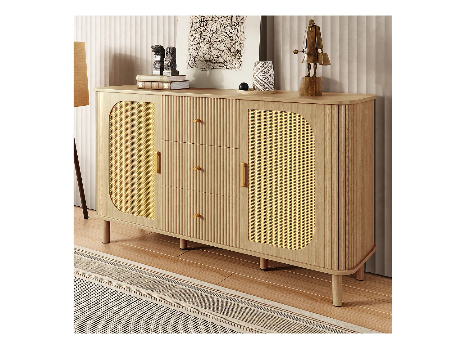 Buffet moderne 140x40x80 cm - avec 3 tiroirs et 2 portes - pieds en métal - naturel