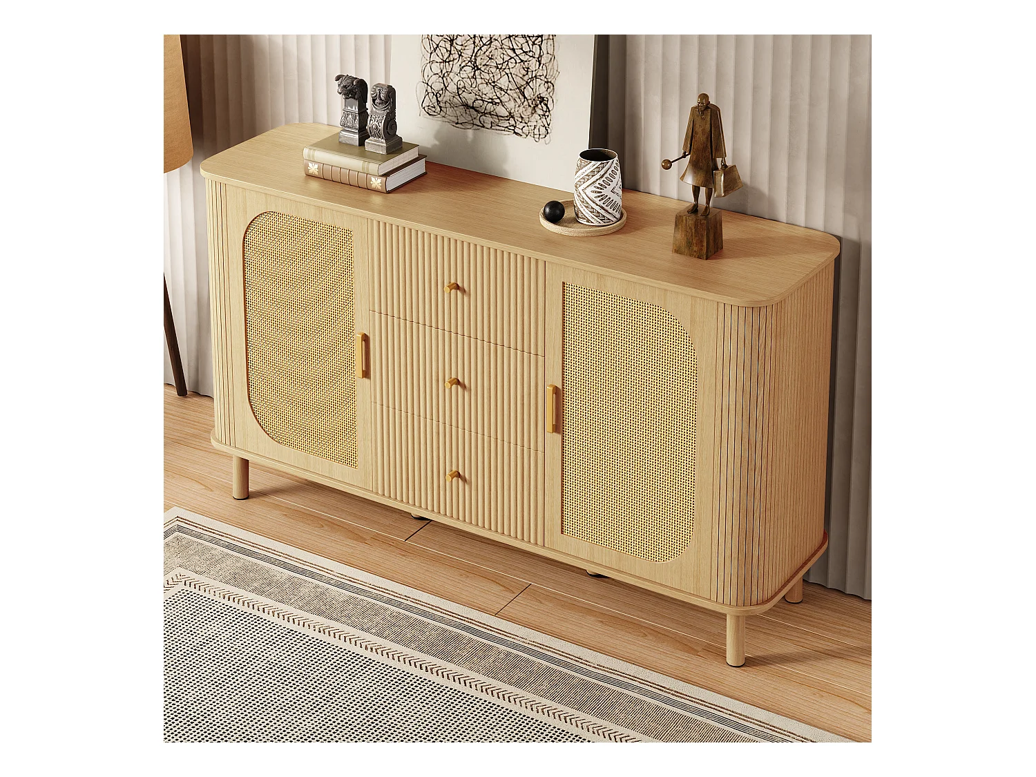 Buffet moderne 140x40x80 cm - avec 3 tiroirs et 2 portes - pieds en métal - naturel