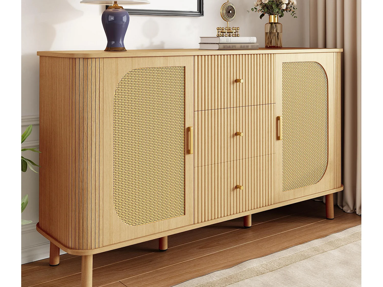 Modernes Sideboard 140×40×80 cm - mit 3 Schubladen und 2 Türen - Metallfüße - natur
