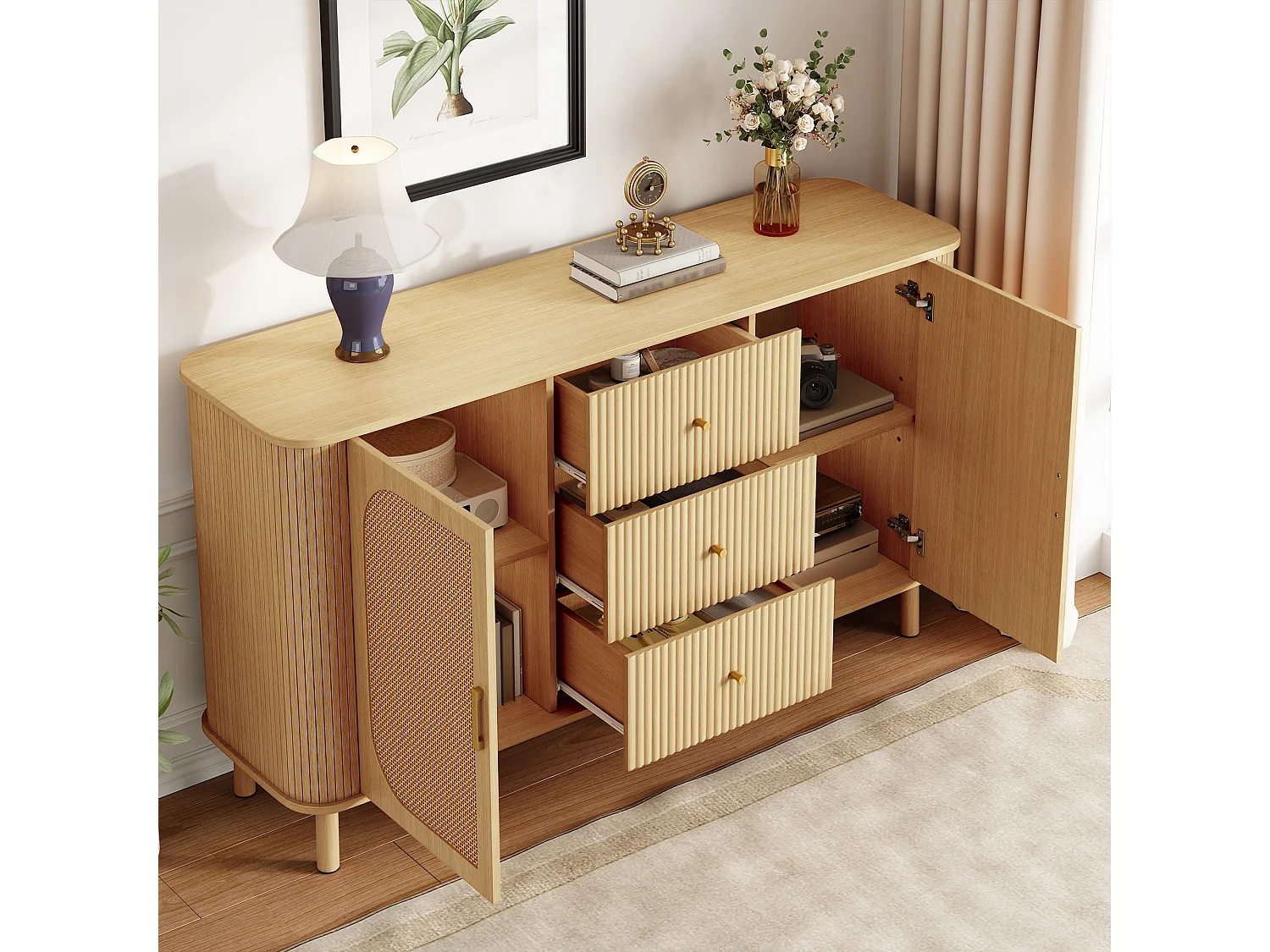Modernes Sideboard 140×40×80 cm - mit 3 Schubladen und 2 Türen - Metallfüße - natur