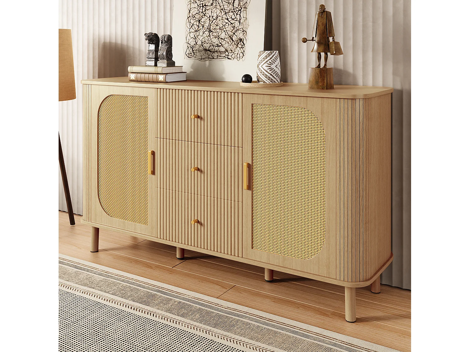 Modernes Sideboard 140×40×80 cm - mit 3 Schubladen und 2 Türen - Metallfüße - natur