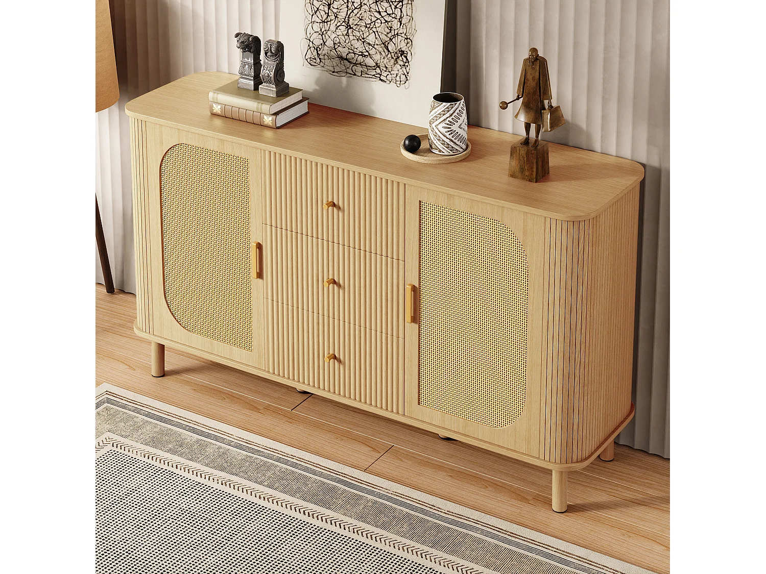Modernes Sideboard 140×40×80 cm - mit 3 Schubladen und 2 Türen - Metallfüße - natur