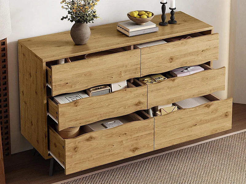 Modernes Sideboard 120×40×75,5 cm - mit 6 Schubladen - Holzoptik - Metallfüße - natur