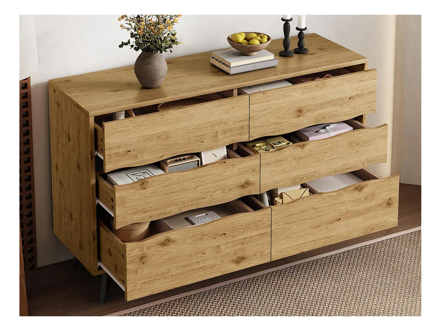 Buffet moderne 120x40x75.5 cm - avec 6 tiroirs - aspect bois - pieds en métal - naturel
