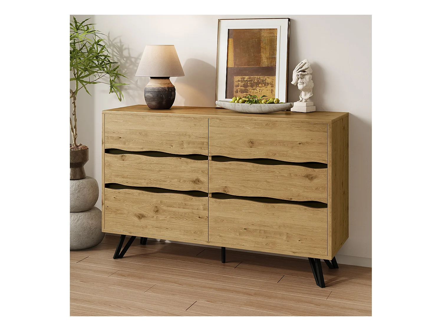 Buffet moderne 120x40x75.5 cm - avec 6 tiroirs - aspect bois - pieds en métal - naturel
