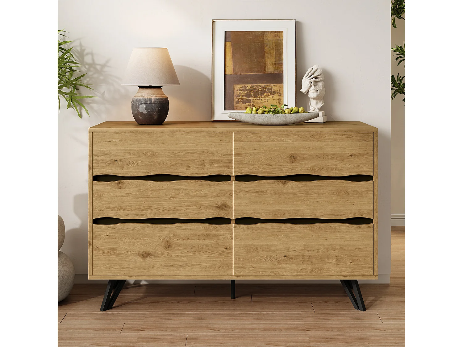 Buffet moderne 120x40x75.5 cm - avec 6 tiroirs - aspect bois - pieds en métal - naturel