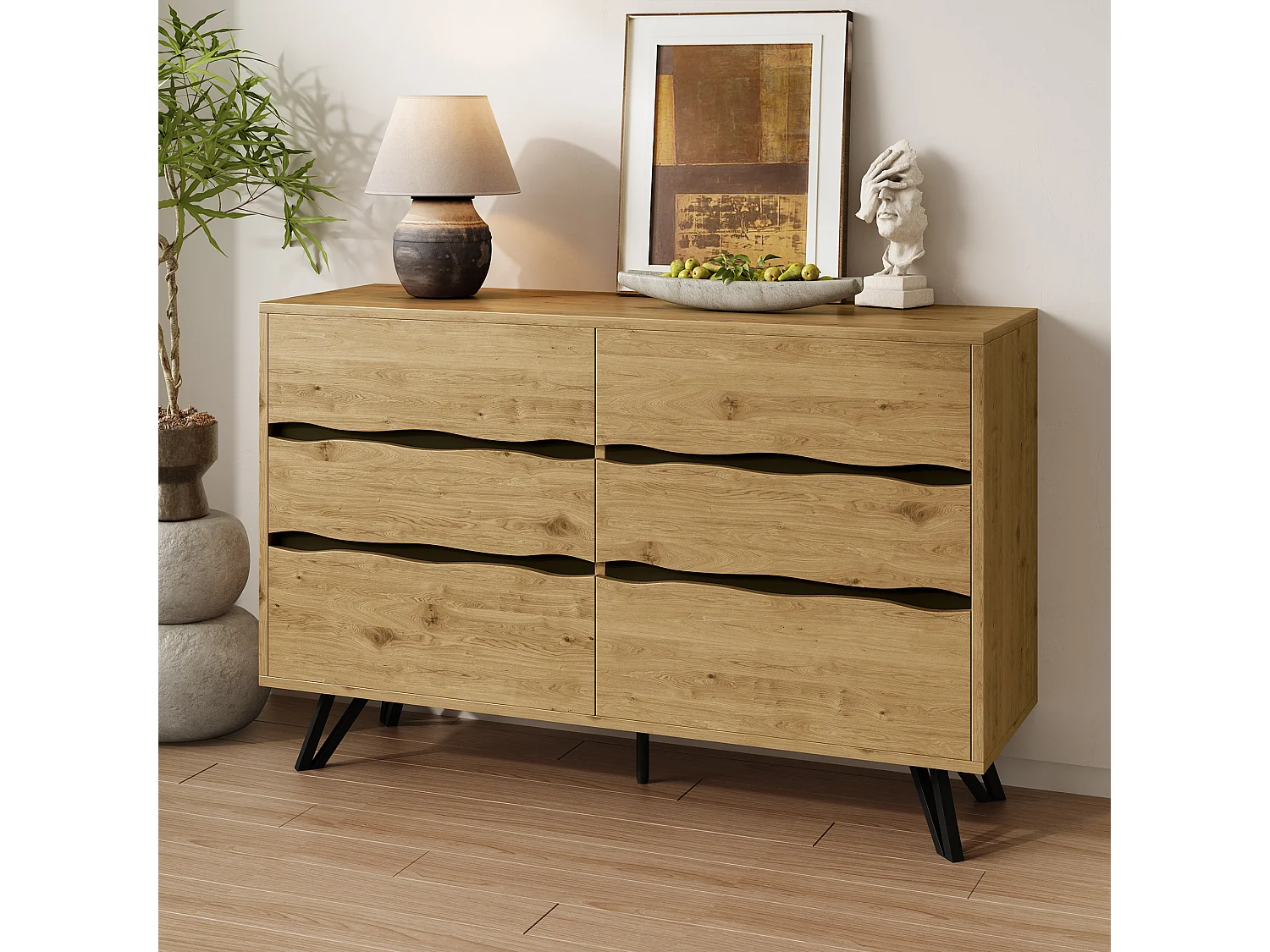 Buffet moderne 120x40x75.5 cm - avec 6 tiroirs - aspect bois - pieds en métal - naturel
