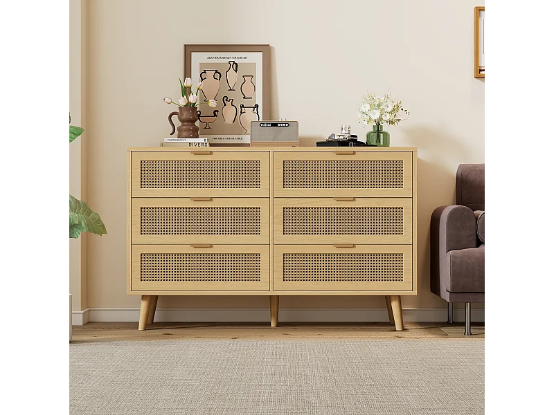 Licht naturel houten dressoir met 6 lades, metalen handgrepen, afmetingen 120 x 40 x 76,5 cm