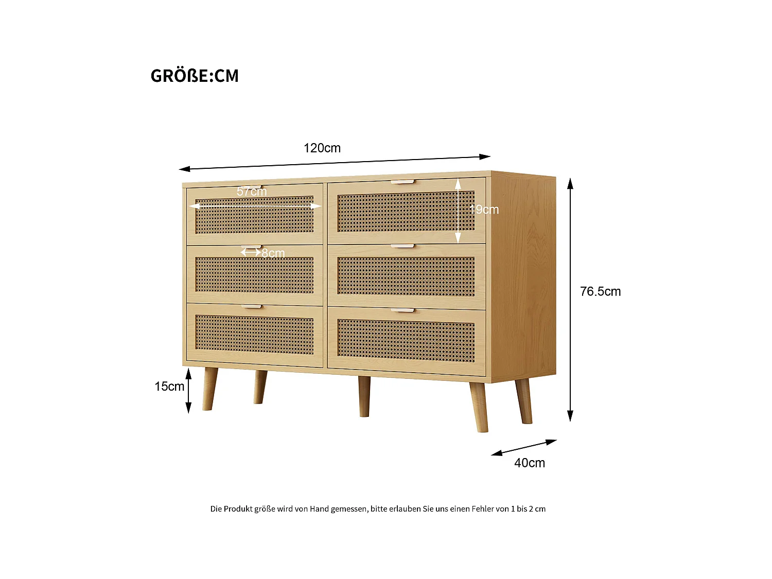 Licht naturel houten dressoir met 6 lades, metalen handgrepen, afmetingen 120 x 40 x 76,5 cm