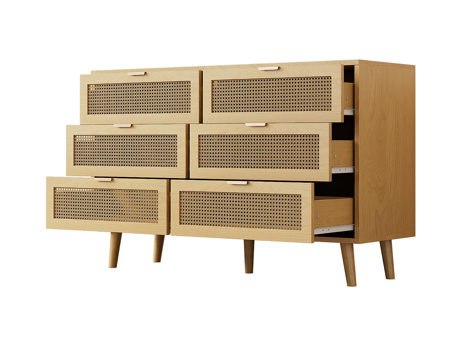 Licht naturel houten dressoir met 6 lades, metalen handgrepen, afmetingen 120 x 40 x 76,5 cm